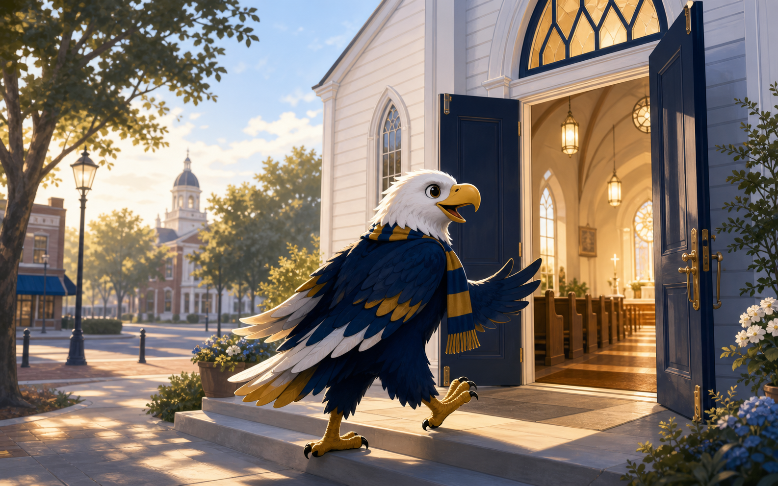 A friendly navy and gold eagle approaching open church doors in Statesboro
